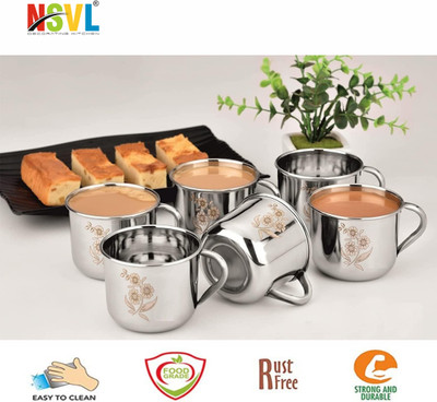 NSVL Pack of 6 Stainless Steel Single Wall Tea Cup Set | Laser Design | Silver Mirror Finish | Break Resistant(Silver, Cup Set)