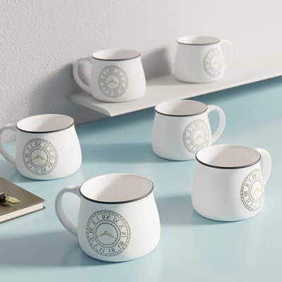 TheMoonStore Pack of 6 Ceramic Handprinted Clock Design Premium Ceramic Tea Cups(White, Cup)