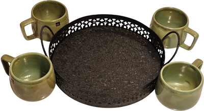 R K Handicrafts Pack of 5 Ceramic Premium Ceramic Cup Set with Brown Metal Tray – 4-Piece Tea/Coffee Set(Green, Cup Set)