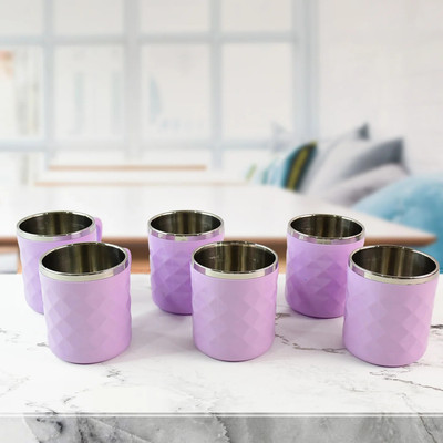 THEURBANTOTE Pack of 6 Stainless Steel, Plastic unbreakable Diamond design cup set of 6, 200ML(Purple, Cup Set)