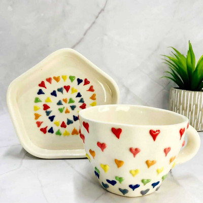 AAV WORLD Pack of 1 Ceramic heart design saucer with Cup Set(White, Cup Set)