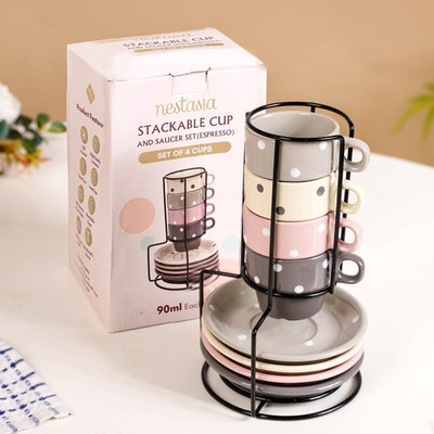 Nestasia Pack of 4 Ceramic Stackable Expresso Cup & Saucer Set(Multicolor, Cup and Saucer Set)