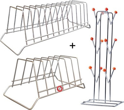Standify Plate Kitchen Rack Steel Big Plate Stand with Medium Plate Stand with V Cup Stand (Pack of 3)