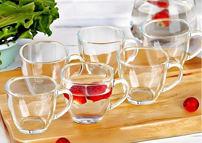 QnQ Pack of 6 Glass Square Glass Tea Cup Set - 140 ML, Set of 6 Transparent Coffee Mugs with Handle(Clear, Cup Set)