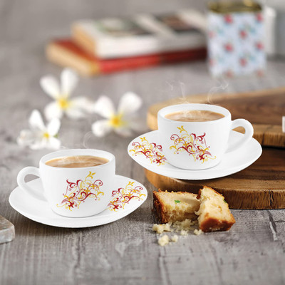 cello Opalware Yellow Scroll Queen Cup and Saucer Set(Red, White, Cup and Saucer Set)