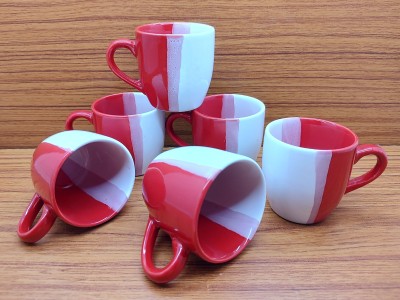 laghima jadon Pack of 6 Ceramic Tea/Coffee Cups U Shape Finish Triple Shades 130 ML (Red White)(Red, White, Multicolor, Cup Set)