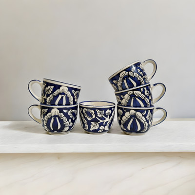 freesale Pack of 6 Ceramic Mughal Print Tea/Coffee Cup Set - 170 ML Each(Blue, Cup Set)