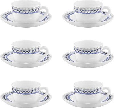 Larah by Borosil Pack of 12 Opalware Ocean 140 ml Opalware Cup and Saucer Set(Blue, Cup and Saucer Set)