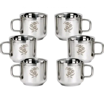 SCG Pack of 6 Stainless Steel Double Wall Laser Printed Tea and Coffee Cups Set 100ml Each(Silver, Cup Set)