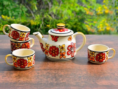 StyleMyWay Pack of 5 Ceramic Handpainted Ceramic Tea Set (1 Kettle , 4 Cups ) |(Multicolor, Cup Set)