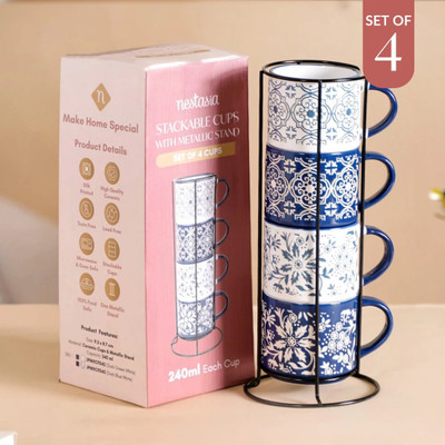 Nestasia Pack of 4 Ceramic Floral Design Stackable Set Of 4(Blue, White, Cup Set)