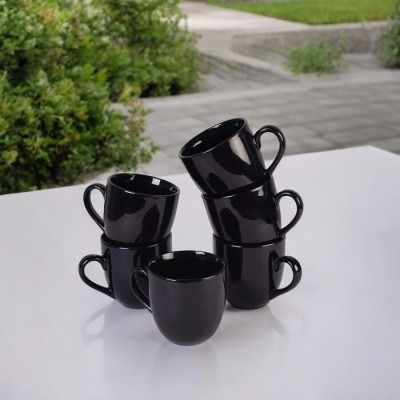 KTCeStore Pack of 6 Ceramic 225 Ceramic Mat/Glossy Finish Tea and Coffee Cups with 150 ml Set of 6 Pcs(Black, Cup Set)