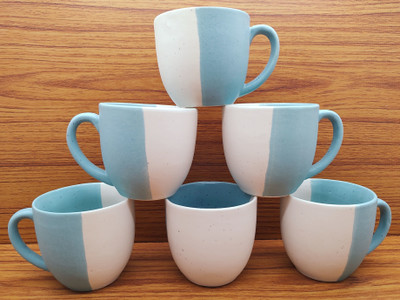 laghima jadon Pack of 6 Ceramic Tea/Coffee/Chai Cups Round Shape Beautiful 2 Color Cup (Turquoise & White) 150ML(Multicolor, Cup Set)
