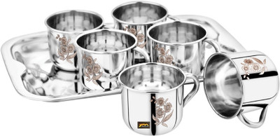 YM Stainless Pack of 7 Stainless Steel 6 PCs Tea Cups with Tray 140ml Laser Design(Silver, Cup Set)