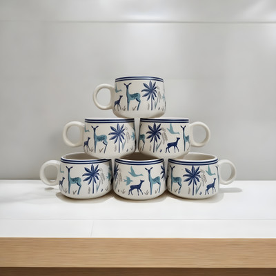 Boncel Pack of 6 Ceramic Blue Multiprint Tea/Coffee Cup Set - 170 ML Each(Multicolor, Cup Set)