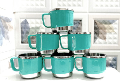 Anixa Creation Pack of 6 Stainless Steel, Plastic Classic Tea Cup Set|Steel|Coffee Mug(Silver, Green, Cup Set)