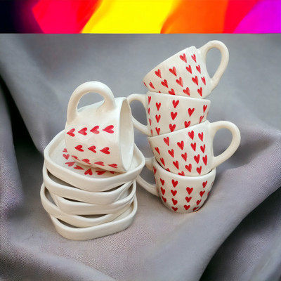 Malaikah Pack of 5 Ceramic Malaikah hand painted red heart cup and saucer set for tea or coffee, milk(Off White, Cup and Saucer Set)