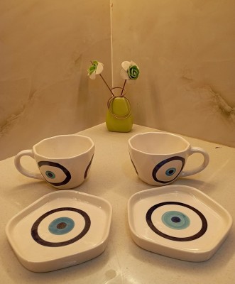 Raishsa Pack of 4 Ceramic The Evil Eye Cup & Saucer Set of 2 (2 cups , 2 saucers ) | Handcrafted .(Beige, Cup and Saucer Set)