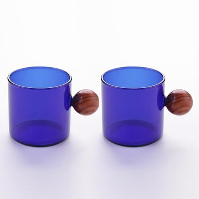 UMAI Pack of 2 Borosilicate Glass Coffee Mug with Wooden Handle Tea cup set(Blue, Cup Set)