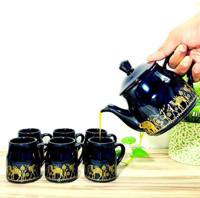 AAV WORLD Pack of 7 Ceramic CAMEL DESIGN BALCK Tea set with kettle ( pack of 6 cup and 1 kettle)(Black, Cup Set)