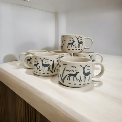 freesale Pack of 6 Ceramic Printed Tea/Coffee Cup Set - 150 ML Each(Off White, Cup Set)