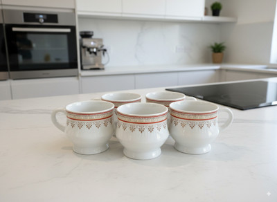 Vynora Pack of 6 Ceramic Handmade White Ceramic Tea Cup Set – Red Floral Border Design | Set of 6(Red, Cup)