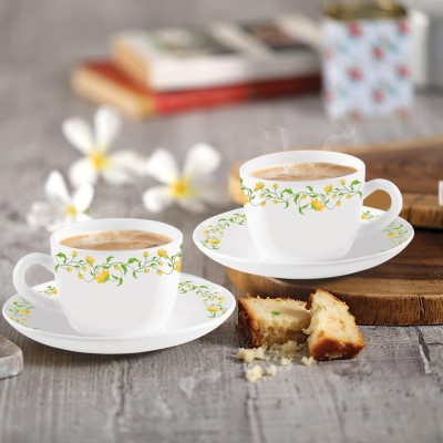 cello Opalware Yellow flower 130ml 6pcs Cup and 6pcs Saucer Set(Yellow, White, Cup and Saucer Set)