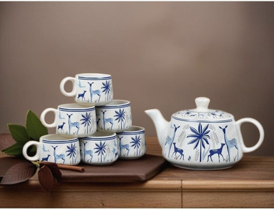 laxmi creation Pack of 7 Ceramic Modern super Blue Deer Design Tea Cup Set With Kettle(White, Cup Set)