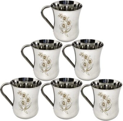 KC Pack of 6 Stainless Steel Tea/Coffee Cup Set of 6 Mirror Finish Flower Printed Design 150 ML(Silver, Cup Set)