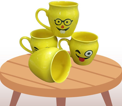 love unlimited Pack of 4 Ceramic Premium Quality Microwave Safe Kulhad Smiley Tea and Coffee Cup(Yellow, Cup Set)