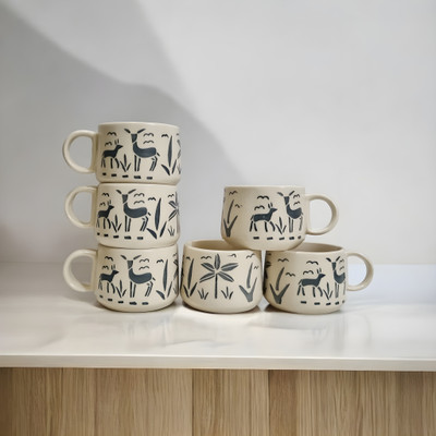 freesale Pack of 6 Ceramic Printed Tea/Coffee Cup Set - 150 ML Each(Off White, Cup Set)