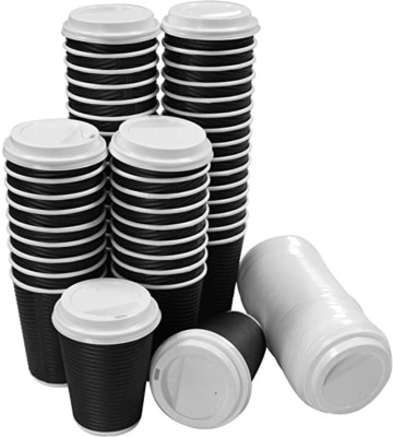 Biodis Pack of 50 Paper Biodis Ripple Paper Disposable Coffee Tea Cup 250 ml 50pcs Black with White Lid(Black, Cup)