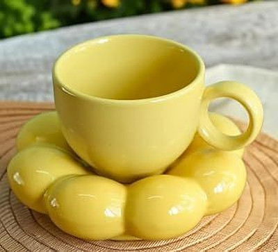 ShriKraft Pack of 1 Ceramic Mug with Cloud Coaster(Yellow, Cup and Saucer)