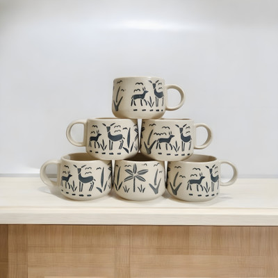 Boncel Pack of 6 Ceramic Printed Tea/Coffee Cup Set - 150 ML Each(Off White, Cup Set)