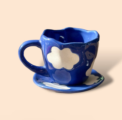 Raishsa Pack of 2 Ceramic Indigo coloured Cloud cup & saucer(Blue, Cup and Saucer Set)