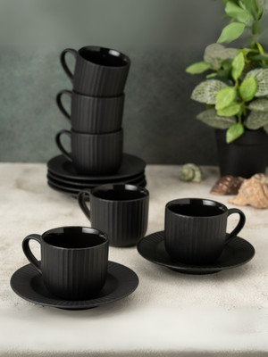 CLAY CRAFT Pack of 12 Ceramic A Versatile & Stylish Tea Set Featuring 6 Tea Cups, 6 Saucers(Black, Cup and Saucer)