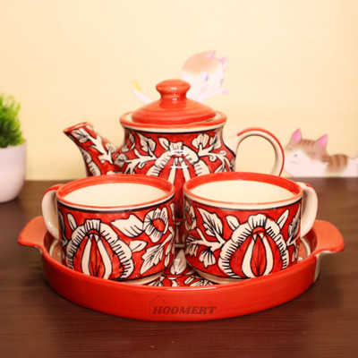 HOOMERT Pack of 1 Ceramic Handcrafted Tea Set with Tray – 1 Kettle, 2 Cups, and Tray(Red, Cup Set)