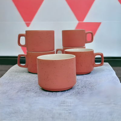 Boncel Pack of 6 Ceramic Pink Matte Tea/Coffee Cup Set - 170 ML Each(Pink, White, Cup)