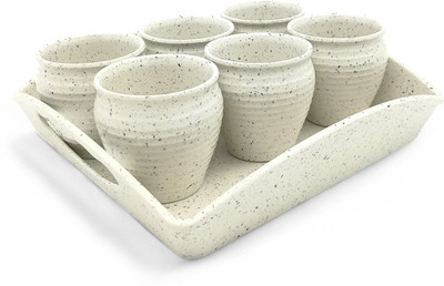 Superware Pack of 7 Melamine SUPERWARE | Kullad Set with Tray – White Sand (7 Pcs.) |(White, Cup Set)