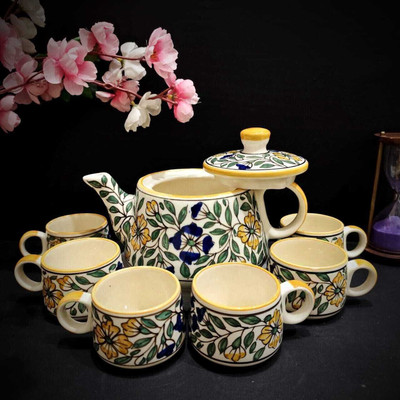 maalaxmi store Pack of 7 Ceramic Mughal Tea set with kettle ( pack of 6 cup and 1 kettle)(Multicolor, Cup Set)