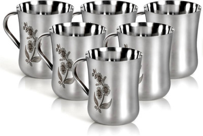 Q4S Pack of 6 Stainless Steel Stainless Steel Laser Printed Cups (170 ml)(Silver, Cup Set)