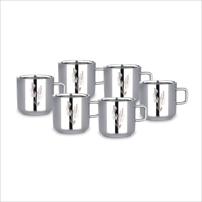 CuisineCove Pack of 6 Stainless Steel Double Wall Tea Cup Set | Tea Cup with Handle and Round Bas Silver(Steel, Cup Set)