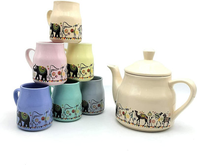 Luminescence Enterprises Pack of 7 Ceramic Luminescence Ceramic 750 ML Tea Pot & 120 ML Cups set, Multicolor, Pack Of 7(Multicolor, Cup Set)