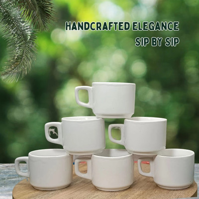 OCEAN FASHION AND STYLE Pack of 6 Ceramic Ceramic Solid Multi with Printed Round White Matte Tea Cup/Coffee Cup Set with Handle set of 6(White, Cup Set)