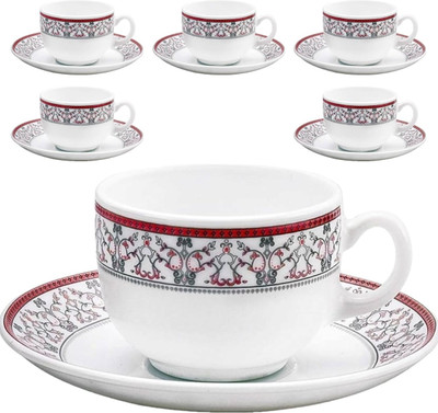 MDNSHO Pack of 12 Opalware Opalware Glass morrocon pink Tea Cup With Saucers (6 Cup, 6 Saucer) - 160 Ml(White, Cup and Saucer Set)