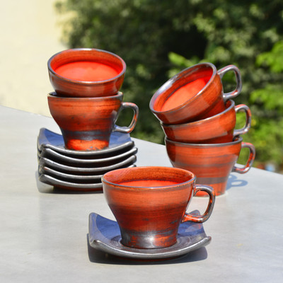 StyleMyWay Pack of 6 Ceramic Studio Pottery Cup and Saucer - 200 ml each(Red, Cup and Saucer Set)