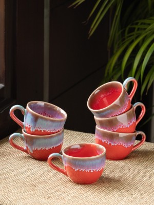 ExclusiveLane Pack of 6 Ceramic 'Coral Reef' Hand Glazed Studio Pottery Tea Cups Set(Red, Blue, Cup)