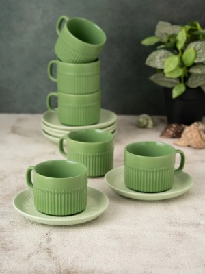 CLAY CRAFT Pack of 12 Ceramic A Versatile & Stylish Tea Set Featuring 6 Tea Cups, 6 Saucers(Green, Cup and Saucer)