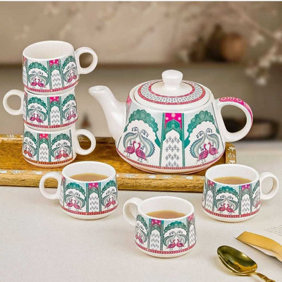 laxmi creation Pack of 7 Ceramic peacock Tea set with kettle ( pack of 6 cup and 1 kettle)(Multicolor, Cup Set)