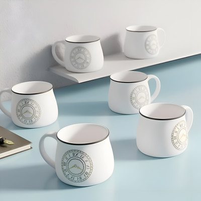 Moon Dust Ceramic O'clock Tea Cup Set of 6-200ml Capacity Clock Print Microwave & Dishwasher Safe(White, Black, Cup Set)